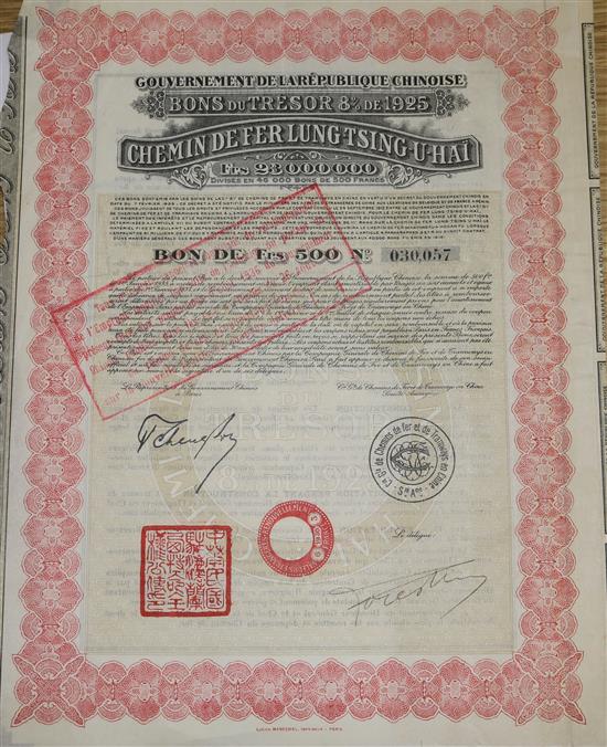 Scripophily, including a framed Bank of England five pound note, various bond and share certificates, etc.